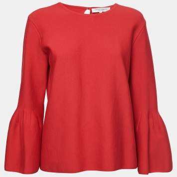 Pre Owned Carolina Herrera Red Knit Bell-Sleeve Top L