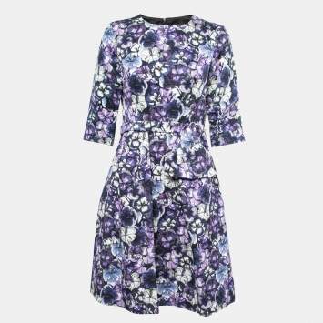 Pre Owned CH Carolina Herrera Blue Floral Print Jacquard Belted Knee Length Dress M