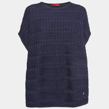 Pre Owned Carolina Herrera Navy Blue Cable Knit Side Tie Poncho Top One Size