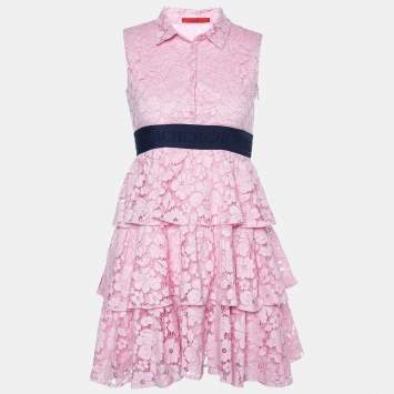 Pre Owned CH Carolina Herrera Pink Lace Contrast Waist Detail Sleeveless Tiered Mini Dress L