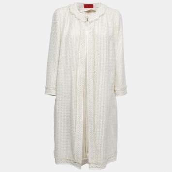 Pre Owned Carolina Herrera Off White/Beige Tweed Open Front Coat L