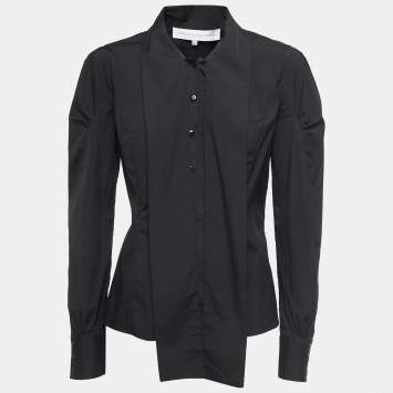 Pre Owned Carolina Herrera Black Cotton Button Front Neck Tie Detail Shirt Blouse M