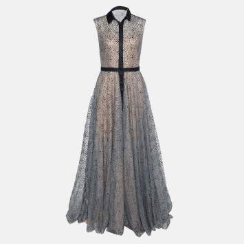 Pre Owned Carolina Herrera Silver Glitter Mesh Sleeveless Button Front Gown M