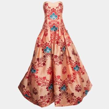 Pre Owned Carolina Herrera Light Orange Floral Jacquard Strapless Pleated High-Low Gown M 