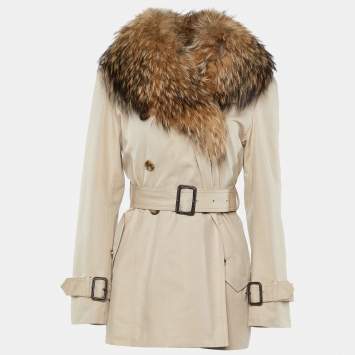 Pre Owned Carolina Herrera Beige Gabardine & Fur Detail Collar Trench Coat L