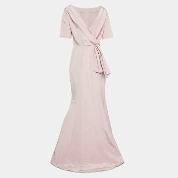 Pre Owned Carolina Herrera Pink Silk Draped Back Mermaid Gown L