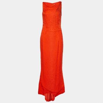 Pre Owned Carolina Herrera Orange Crinkled Silk Embellished Maxi Dress S