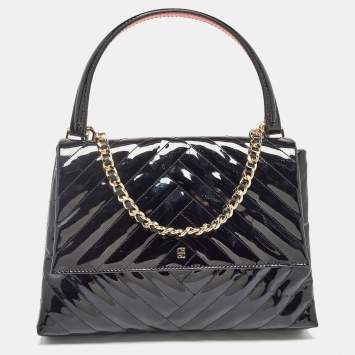 Pre Owned Carolina Herrera Black Diagonal Quilted Patent Leather Flap Top Handle Bag