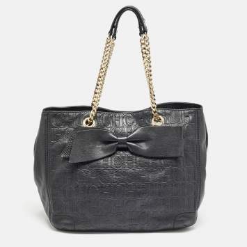 Pre Owned Carolina Herrera Black Monogram Embossed Leather Audrey Tote