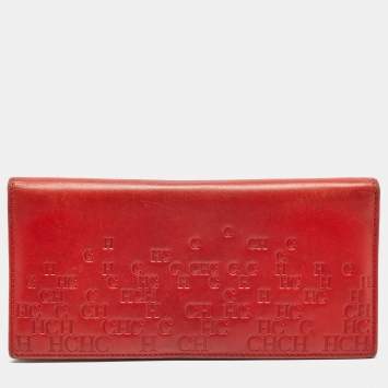 Pre Owned Carolina Herrera Red Monogram Embossed Leather Bifold Long Wallet