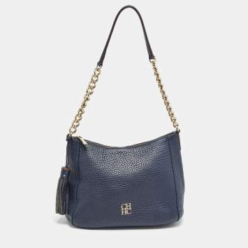 Pre Owned Carolina Herrera Navy Blue Leather Maria Tassel Hobo 