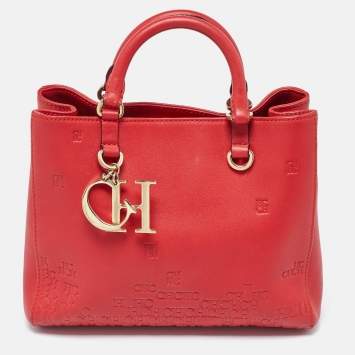 Pre Owned Carolina Herrera Red Monogram Embossed Leather Duchess Tote