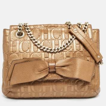 Pre Owned Carolina Herrera Gold Monogram Leather Audrey Shoulder Bag