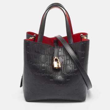 Pre Owned Carolina Herrera Black Monogram Embossed Leather Small Matryoshka Locked Tote
