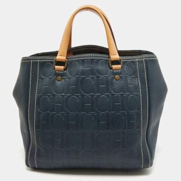 Pre Owned Carolina Herrera Blue/Beige Monogram Embossed Leather Andy Tote