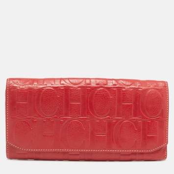 Pre Owned Carolina Herrera Red Monogram Embossed Leather Flap Continental Wallet