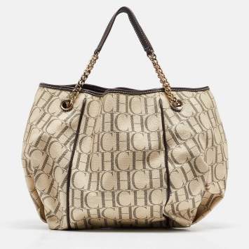 Pre Owned Carolina Herrera Cream/Brown Monogram Coated Canvas and Leather Chain Tote