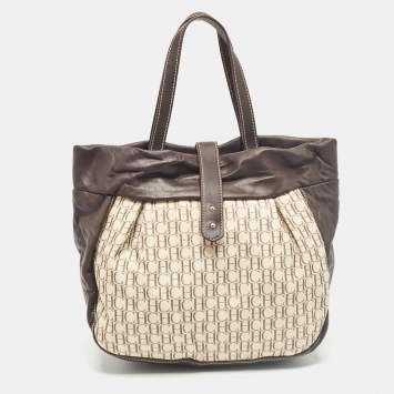 Pre Owned Carolina Herrera Dark Brown/Off White Monogram Canvas and Leather Flap Hobo
