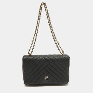 Pre Owned Carolina Herrera Black Quilted Leather CHHC Flap Shoulder Bag