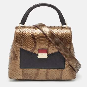 Pre Owned Carolina Herrera Black/Bronze Python and Leather Pushlock Flap Top Handle Bag