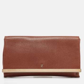 Pre Owned Carolina Herrera Brown Leather Metal Flap Clutch