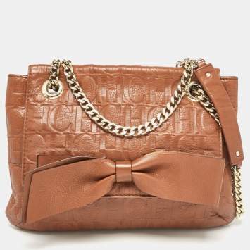 Pre Owned Carolina Herrera Brown Monogram Leather Audrey Shoulder Bag