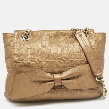 Pre Owned Carolina Herrera Gold Monogram Leather Audrey Shoulder Bag