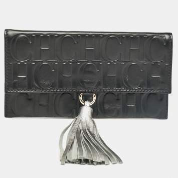 Pre Owned Carolina Herrera Black Monogram Embossed Leather Tassel Clutch