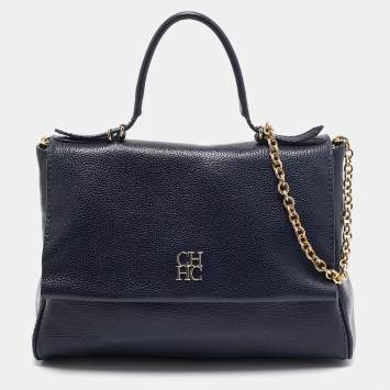 Pre Owned Carolina Herrera Navy Blue Leather Leather Minuetto Top Handle Bag