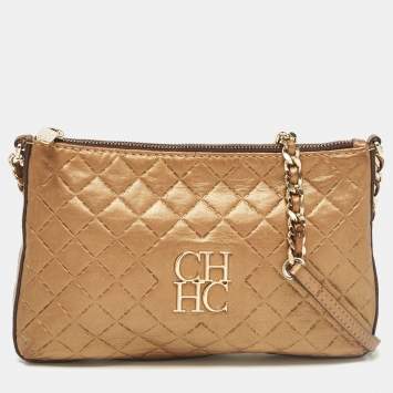 Pre Owned Carolina Herrera Gold Leather Logo Chain Shoulder Bag