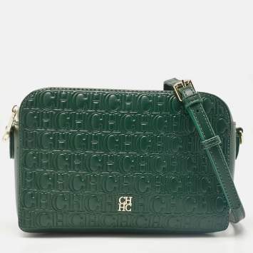 Pre Owned Carolina Herrera Green Monogram Embossed Leather Camera Crossbody Bag