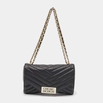 Pre Owned Carolina Herrera Black Chevron Leather Bimba Flap Shoulder Bag