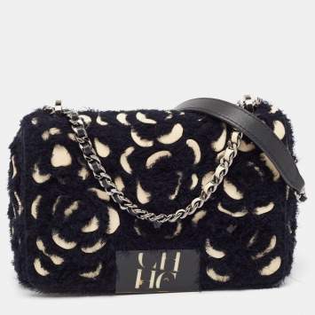 Pre Owned Carolina Herrera Black Leather and Tweed Floral Applique Shoulder Bag