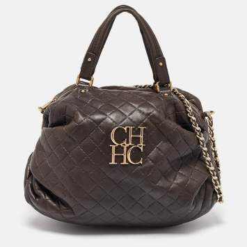 Pre Owned Carolina Herrera Dark Brown Quilted Leather Pleated Chain Satchel
