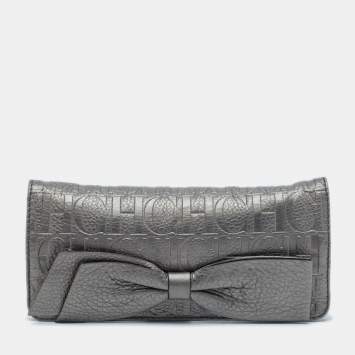Pre Owned Carolina Herrera Metallic Monogram Embossed Leather Audrey Clutch