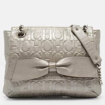 Pre Owned Carolina Herrera Silver Monogram Embossed Leather Audrey Shoulder Bag