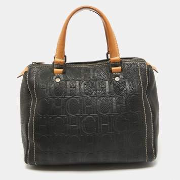Pre Owned Carolina Herrera Black/Beige Monogram Embossed Leather Andy Boston Bag