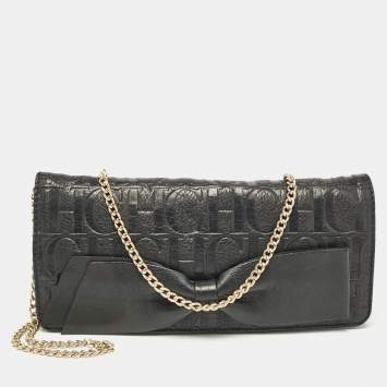 Pre Owned Carolina Herrera Black Monogram Embossed Leather Bow Flap Chain Clutch