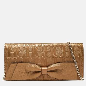 Pre Owned Carolina Herrera Gold Monogram Embossed Leather Audrey Chain Clutch