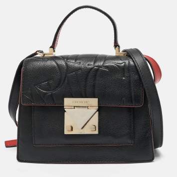 Pre Owned Carolina Herrera Black Embossed Leather Pushlock Flap Top Handle Bag