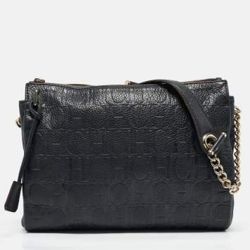 Carolina Herrera Navy Blue Monogram Embossed Leather Chain Shoulder Bag
