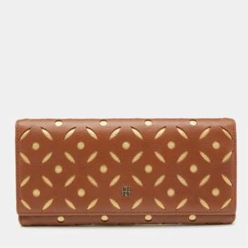 Pre Owned Carolina Herrera Brown/Gold Leather Lasercut Flap Continental Wallet