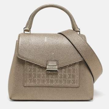 Pre Owned Carolina Herrera Gold Monogram Embossed Leather Flap Top Handle Bag