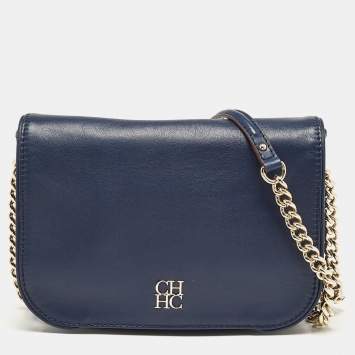 Carolina Herrera Navy Blue Leather New Baltazar Flap Shoulder Bag