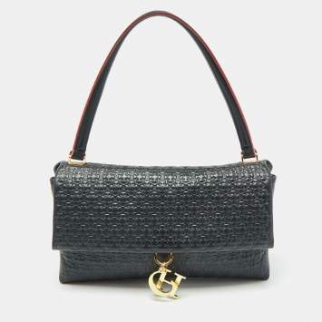Pre Owned Carolina Herrera Black Embossed Leather Camelot Top Handle Bag
