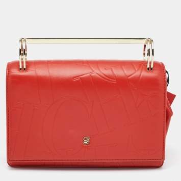 Pre Owned Carolina Herrera Red Logo Embossed Leather Insignia Top Handle Bag