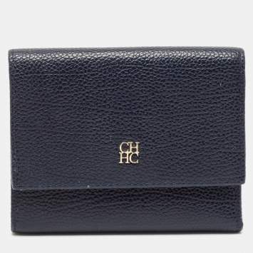Pre Owned Carolina Herrera Navy Blue Leather Logo Trifold Wallet