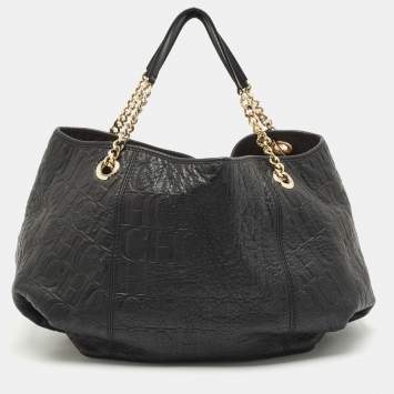 Pre Owned Carolina Herrera Black Monogram Embossed Leather Chain Hobo