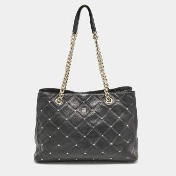 Pre Owned Carolina Herrera Black Logo Embossed Quilted Leather Studded Chain Tote