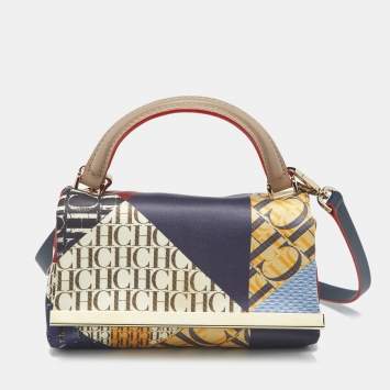 Pre Owned Carolina Herrera Multicolor Monogram Satin and Leather Metal Flap Top Handle Bag